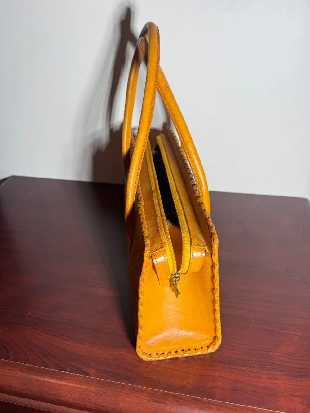 Alexis David Yellow Tooled Embossed Leather Handbag Purse Large Whipstitch NEW